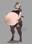  anthro belly big_belly blue_eyes breasts clothed clothing domestic_pig female hi_res holding_belly hyper hyper_belly legwear mammal pantyhose pregnant solo suid suina sus_(pig) the_dogsmith torn_clothing tusks 