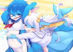  abstract_background accessory anthro belly_grab black_nose blue_body blue_eyes blue_hair blue_skin blush bottomless breasts clothed clothing cute_fangs duo ear_fins eyes_closed eyewear featureless_crotch female fin glasses glistening glistening_body glistening_skin hair hair_accessory hi_res horn hug hugging_from_behind hybrid kemono kishibe long_hair mammal marine medium_breasts merfolk monotone_hair multicolored_body multicolored_skin navel one_eye_closed open_mouth open_smile raised_arm school_uniform seashell shell shirt short_hair slightly_chubby smile tail_fin topwear two_tone_body two_tone_skin uniform white_body white_clothing white_hair white_shirt white_skin white_topwear 