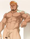  1boy abs animal_ears arm_rest bar_censor bara bear_ears beard blonde_hair censored completely_nude cowboy_shot facial_hair flaccid foreskin looking_at_viewer lovesheng1314 male_focus male_pubic_hair muscle navel nipples nude original pectorals pubic_hair short_hair sideburns simple_background solo standing stubble thick_thighs thighs veins yellow_eyes 