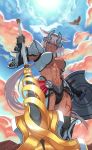  1girl absurdres animal_ears armor armored_boots bangs bikini_armor bird black_hairband blue_eyes blue_sky body_markings boots breasts caenis_(fate) cleavage cloud covered_nipples cowboy_shot dark_skin dark_skinned_female day english_commentary eyebrows_visible_through_hair fate/grand_order fate_(series) faulds from_below gauntlets grin groin hair_intakes hairband headpiece highres holding holding_polearm holding_shield holding_weapon large_breasts long_hair looking_at_viewer midriff mountain navel orambe polearm ribbed_legwear shield shoulder_armor sidelocks sky smile solo standing sunlight thighhighs weapon white_hair 