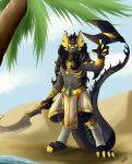  2020 anthro biped black_body black_fur black_hair claws clothed clothing decorative_scarab desert digital_media_(artwork) dragon dragon_scale_armor egyptian egyptian_clothing egyptian_soldier fur grey_body hair hi_res horn looking_at_viewer male melee_weapon membrane_(anatomy) muscular muscular_anthro muscular_male nefer oasis outside sa-chat scalie simple_background sky solo sword tree weapon yellow_body yellow_eyes 