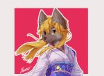  2019 anthro blonde_hair brown_body brown_fur canid canine canis clothed clothing female fur hair heterochromia hi_res inner_ear_fluff mammal ruribec signature simple_background solo tuft wolf 
