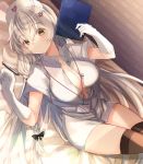  1girl azur_lane bed braid breasts center_opening cleavage cross_hair_ornament dress eyebrows_visible_through_hair from_above gloves hair_ornament hat hermione_(azur_lane) hermione_(pure_white_angel)_(azur_lane) hospital_bed id_card lanyard large_breasts long_hair looking_at_viewer low_tied_hair lying nurse nurse_cap on_back partially_unbuttoned pen shibaebi_(yasaip_game) short_dress short_sleeves solo thighhighs twin_braids very_long_hair white_dress white_gloves white_hair yellow_eyes 