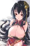  1girl arms_under_breasts azur_lane black_hair breasts bridal_gauntlets bursting_breasts china_dress chinese_clothes cleavage cleavage_cutout clothing_cutout dress eyebrows_visible_through_hair flower garter_straps hair_flower hair_ornament highres huge_breasts long_hair red_dress red_eyes shibaebi_(yasaip_game) sitting sleeveless sleeveless_dress solo taihou_(azur_lane) taihou_(phoenix&#039;s_spring_song)_(azur_lane) very_long_hair white_background 