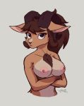  2019 absurd_res anthro areola bovid breasts brown_body caprine crossed_arms female goat grey_background half-length_portrait hi_res horn mammal nipples portrait ruribec simple_background solo 