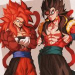  2boys abs bare_pecs cosplay costume_switch crossed_arms dragon_ball dragon_ball_heroes earrings fangs fusion fusion_dance gloves gogeta gogeta_(cosplay) gogeta_(xeno) highres jewelry long_hair male_focus metamoran_vest monkey_boy monkey_tail multiple_boys muscle no_nipples pants pectorals potara_earrings red_fur red_hair red_pants relio_db318 spiked_hair super_saiyan super_saiyan_4 tail vegetto vegetto_(cosplay) vegetto_(xeno) white_footwear white_gloves 