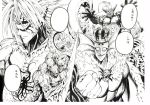  170000-year-old_cicada_larva absurdres clenched_hand closed_mouth crown cyclops deep_sea_king_(one-punch_man) giant_snowman_(one-punch_man) gigakigan greyscale grin groribas head_fins highres looking_at_viewer lord_boros melzalgald messenger_of_the_sea_god monochrome monster murata_yuusuke octopus official_art one-eyed one-punch_man piggy_bancon scan smile tentacles traditional_media 