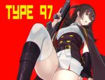  assault_rifle black_hair boots breasts brown_eyes girls_frontline gun highres long_hair looking_away medium_breasts miniskirt qbz-97 qbz-97_(girls_frontline) rifle simple_background skirt sugimoto_takeshi thick_thighs thighhighs thighs twintails weapon 