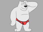  4:3 angry anthro bottomless briefs bulge clothed clothing fur hi_res male mammal plantigrade polar_bear rlshenanigans scratching slightly_chubby solo topless underwear ursid ursine white_body white_fur 