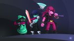  16:9 2018 anthro axe belt boots bovid caprine clothing deltarune eyewear female footwear fur glasses gloves group handwear hat headgear headwear hi_res human jacket kris_(deltarune) male mammal melee_weapon mysticalpha ralsei robe scalie scarf susie_(deltarune) sword text topwear url video_games weapon widescreen 