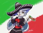  2019 alternate_version_at_source anthro blep clothed clothing domestic_cat felid feline felis female fully_clothed fur grey_body grey_fur hat headgear headwear holding_object kelly_(ruribec) mammal mariachi mariachi_suit mexican_flag mexico noisemaker ruribec signature solo somali_cat tongue tongue_out yellow_eyes 