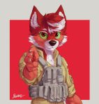  2019 anthro canid canine canis cheek_tuft clothed clothing facial_tuft fur gesture green_sclera head_tuft hi_res inner_ear_fluff looking_at_viewer male mammal multicolored_body multicolored_fur pointing pointing_at_viewer red_background red_body red_eyes red_fur ruribec signature simple_background solo tuft two_tone_body two_tone_fur white_body white_fur wolf 