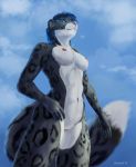  2019 anthro breasts dimonis felid female fur genitals hi_res mammal nude pantherine pussy signature sky smile snow_leopard solo watermark wide_hips 