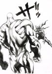  2boys absurdres bald bandages blank_eyes briefs chougoukin_kurobikari dark_skin dark_skinned_male fighting_stance fingernails garou_(one-punch_man) greyscale highres imminent_fight legs_apart monochrome multiple_boys murata_yuusuke muscle numbered official_art one-punch_man scan simple_background standing traditional_media underwear white_background 