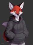  2020 absurd_res anthro canid canine cheek_tuft clothed clothing facial_tuft fox fully_clothed fur grey_background hi_res hoodie inner_ear_fluff looking_at_viewer male mammal neck_tuft portrait red_body red_fur ruribec simple_background smile solo topwear tuft white_body white_fur 