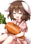  1girl ^_^ animal_ears bangs brown_hair bunny_ears bunny_tail carrot closed_eyes dress eating eyebrows_visible_through_hair floppy_ears food hair_between_eyes highres holding holding_food inaba_tewi open_mouth pink_dress ruu_(tksymkw) short_hair short_sleeves simple_background sitting solo tail teeth touhou white_background white_tail 