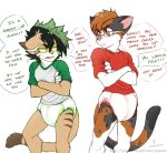  2017 angry anthro argument black_body black_fur brown_body brown_eyes brown_fur brown_hair calico_cat chris_(onewithlogic) claws clothed clothing craymin crossed_arms dialogue diaper digital_drawing_(artwork) digital_media_(artwork) dipstick_tail domestic_cat duo embarrassed english_text eyewear felid feline felis fur glasses green_hair hair hi_res leon_(craymin) male mammal markings mottled multicolored_body multicolored_fur multicolored_tail open_mouth orange_hair piebald sand_cat simple_background striped_body striped_fur striped_tail stripes tan_body tan_fur text white_background white_body white_fur yellow_sclera 