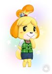  2019 accessory animal_crossing anthro blush canid canine canis clothing domestic_dog female floppy_ears hair_accessory hi_res isabelle_(animal_crossing) mammal mysticalpha nintendo shih_tzu signature smile solo text toy_dog url video_games 