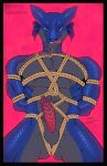  anthro bdsm black_border blue_body blue_scales bondage border bound dragon fierygeheena genitals green_eyes grey_body grey_scales hi_res licking male muscular penis rope rope_bondage rope_harness scales self_lick solo tongue tongue_out 
