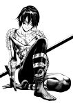  1boy absurdres armor bodysuit closed_mouth full_body greyscale hair_between_eyes highres looking_at_viewer male_focus monochrome murata_yuusuke official_art one-punch_man onsoku_no_sonic simple_background sitting smile solo sword weapon white_background 