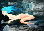  blue_eyes blue_hair breasts commentary_request danboru_inu fins jellyfish long_hair mermaid monster_girl nipples original underwater 