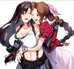  2girls aerith_gainsborough arm_guards black_hair black_skirt bow braid braided_ponytail brown_hair cropped_jacket dress final_fantasy final_fantasy_vii final_fantasy_vii_remake fingerless_gloves gloves green_eyes highres jacket long_dress long_hair low-tied_long_hair multiple_girls navel negresco pink_bow pink_dress red_eyes red_jacket shirt skirt smile stomach suspender_skirt suspenders tank_top taut_clothes taut_shirt tifa_lockhart toned 