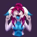  &lt;3 &lt;3_eyes 1:1 2020 ahegao anthro blue_body blue_fur blush bodily_fluids breasts canid canine canis digital_media_(artwork) double_v_sign female fur gesture green_eyes hair half_body heterochromia looking_pleasured mammal multicolored_body multicolored_fur nipples nude open_mouth pink_eyes plume purple_hair sa-chat simple_background smile solo tongue tongue_out two_tone_body two_tone_fur v_sign white_body white_fur wolf 