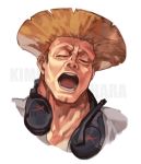  1boy blonde_hair closed_eyes collarbone cropped_torso face guile headphones headphones_around_neck hungry_clicker nose open_mouth shirt short_hair simple_background solo street_fighter street_fighter_v teeth white_shirt yawning 