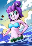 breasts cala_maria cephalopod clothing cloud coleoid cuphead_(game) day eyeshadow female hi_res makeup marine merfolk mollusk mysticalpha navel octopodiform partially_submerged pseudo_hair signature silhouette smile tentacle_hair tentacles text url video_games water 