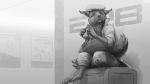  16:9 2020 anthro barefoot clothed clothing eating fluffy fluffy_tail food fully_clothed greyscale hat headgear headwear holding_food holding_object ipoke male mammal monochrome rodent sciurid sitting solo widescreen 