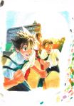  3boys :d :o absurdres bandaid bandaid_on_nose black_pants building character_request clenched_hand eyeshield_21 fingernails floating_necktie highres kobayakawa_sena male_focus multiple_boys murata_yuusuke necktie official_art open_mouth pants red_pants round_teeth scan school school_uniform shirt smile spiked_hair teeth traditional_media watercolor_(medium) white_shirt wide-eyed 
