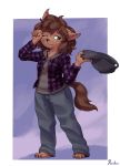  2020 absurd_res anthro barefoot border bottomwear brown_body brown_fur canid canine clothing female full-length_portrait fur green_eyes hat headgear headwear hi_res mammal one_eye_closed pants portrait purple_background ruribec signature simple_background solo standing white_border 