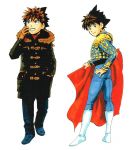 1boy :d blue_pants boots brown_eyes brown_hair bullfighting closed_mouth coat costume eyeshield_21 gloves green_coat hand_in_pocket hand_on_hip hand_up highres holding kobayakawa_sena looking_at_viewer looking_back looking_up male_focus multiple_views murata_yuusuke official_art open_mouth pants scan shoes smile spiked_hair traditional_media winter_clothes winter_coat 