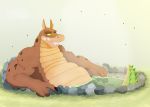  activision anthro belly big_belly biped canid canine canis crash_bandicoot_(series) crocodile crocodilian crocodylid dingo dingodile hi_res hot_spring hybrid male mammal mospy_(artist) musclegut muscular muscular_anthro muscular_male nude overweight overweight_anthro overweight_male relaxing reptile scalie simple_background smile solo teeth water 