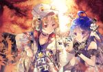  2girls ahoge autumn autumn_leaves azur_lane bare_shoulders black_choker black_gloves blue_dress blue_hair blue_shirt cellphone choker cleveland_(azur_lane) cleveland_(road_trip!)_(azur_lane) detached_collar dress eyebrows_visible_through_hair flower gloves hair_flower hair_ornament hat headphones helena_(azur_lane) helena_(may_i_have_this_dance?)_(azur_lane) highres holding holding_phone jacket long_hair multiple_girls orange_hair peaked_cap phone purple_eyes red_eyes shibaebi_(yasaip_game) shirt sleeveless sleeveless_dress smartphone strapless strapless_dress white_flower white_headwear white_jacket 