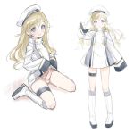  +++_(artist) 1boy :d blonde_hair blue_eyes buttons censored character_request copyright_request dress flying_sweatdrops full_body hat heart heart_censor highres kneehighs long_hair long_sleeves looking_at_viewer male_focus multiple_views open_mouth original otoko_no_ko penis simple_background sitting sketch smile standing testicles thighlet wariza white_background white_headwear 