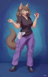  2020 anthro blue_background bottomwear brown_body brown_fur brown_hair canid canine canis clothing female footwear full-length_portrait fur hair hi_res holding_object holding_pok&eacute;ball mammal nintendo pants pok&eacute;ball pok&eacute;mon portrait ruribec shirt shoes simple_background smile solo standing topwear video_games wolf 