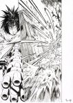  2boys absurdres cape death_gatling firing garou_(one-punch_man) gatling_gun greyscale gun highres long_hair machine_gun monochrome multiple_boys murata_yuusuke numbered official_art one-punch_man scan scar scar_on_face spiked_hair sweat torn_cape torn_clothes weapon wide-eyed 