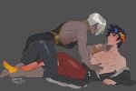  2boys bare_pecs black_hair black_sclera darehound dark_skin dark_skinned_male greek_clothes green_eyes hades_(game) hand_on_another&#039;s_chin heterochromia highres imminent_kiss kneeling laurel_crown leggings lying male_focus multiple_boys nipples on_back parted_lips partially_undressed pectorals red_eyes shirtless silver_hair skin_tight thanatos_(hades) thighs yaoi zagreus_(hades) 