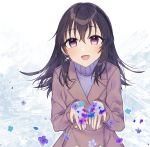  1girl :d bangs black_hair blue_flower blush brown_coat brown_eyes coat commentary_request earrings eyebrows_visible_through_hair flower fujiwara_hajime glint hair_between_eyes hands_up highres holding holding_flower idolmaster idolmaster_cinderella_girls jewelry long_hair looking_at_viewer minamiya_mia open_mouth petals purple_flower purple_sweater smile solo star_(symbol) sweater turtleneck turtleneck_sweater 