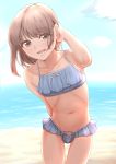  1boy beach blue_sky blush bulge collarbone grey_eyes grey_hair hand_up highres hokuroryuseigun looking_at_viewer male_focus medium_hair navel ocean open_mouth original otoko_no_ko outdoors sand sky smile solo standing 