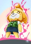  2019 animal_crossing anthro aura canid canine canis clothing domestic_dog female floppy_ears glowing glowing_eyes hi_res isabelle_(animal_crossing) mammal mysticalpha nintendo shih_tzu signature smile solo text toy_dog url video_games 