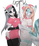  absurd_res alpha_channel anthro black_body black_fur black_hair blonde_hair blue_body blue_eyes blue_fur canid canine clothing duo female female/female fox fur giant_panda grey_hair hair hand_holding headgear headphones headwear hi_res l1s14ka mammal multi_tail nurse_clothing nurse_headwear nurse_uniform uniform ursid white_body white_fur 