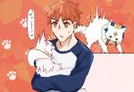  1boy ahoge animal animalization artoria_pendragon_(all) artoria_pendragon_(caster) cat commentary_request crown emiya_shirou fate/grand_order fate/stay_night fate_(series) highres holding holding_animal merlin_(fate/prototype) orange_eyes orange_hair paw_print raglan_sleeves sweatdrop upper_body y_udumi 