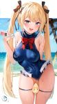  1girl :d azur_lane bangs bare_arms bare_shoulders beach between_thighs black_ribbon blonde_hair blue_eyes blue_swimsuit blush bottle breasts day dead_or_alive dead_or_alive_5 eyebrows_visible_through_hair frilled_swimsuit frills hair_ornament hair_ribbon highres leaning_forward long_hair looking_at_viewer manjuu_(azur_lane) marie_rose medium_breasts ocean one-piece_swimsuit open_mouth outdoors palm_tree pouring pouring_onto_self reel_(riru) ribbon sand sidelocks smile solo standing sunlight swimsuit teeth tongue tree twintails very_long_hair water water_bottle water_drop wet wet_clothes wet_swimsuit x_hair_ornament 