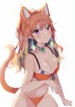  1girl :3 animal_ear_fluff animal_ears anyuu bangs bare_arms bare_shoulders bikini blush bow breasts brown_bikini brown_hair brown_nails cat_ears cat_girl cat_tail choker cleavage closed_mouth earrings eyebrows_visible_through_hair front-tie_bikini front-tie_top gradient_hair green_bow green_hair green_ribbon hair_between_eyes highres hololive hololive_english jewelry kemonomimi_mode long_hair looking_at_viewer medium_breasts multicolored_hair nail_polish purple_eyes ribbon ribbon_choker smile solo swimsuit tail tail_raised takanashi_kiara virtual_youtuber 