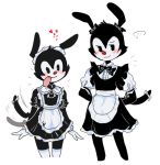  &lt;3 ... 2020 accessory animaniacs anthro apron black_body black_fur blush bow_tie clothed clothing crossdressing digital_media_(artwork) dress duo fur gloves hands_behind_back handwear headgear headwear hi_res inkblot maid_apron maid_headdress maid_uniform male mammal meljellow red_nose ribbons simple_background smile tail_ribbon tongue tongue_out uniform wakko_warner warner_brothers yakko_warner young 