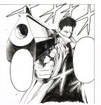  1boy absurdres coat covered_mouth finger_on_trigger foreshortening greyscale gun handgun highres holding holding_gun holding_weapon looking_at_viewer male_focus monochrome murata_yuusuke official_art one-punch_man open_clothes open_coat pistol sanpaku scan short_hair solo traditional_media weapon zombieman 