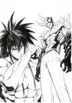  2boys absurdres belt character_request greyscale highres horns long_hair looking_at_viewer monochrome multiple_boys murata_yuusuke muscle nipples official_art one-punch_man pants parted_lips scan sharp_teeth simple_background spiked_hair standing suiryuu_(one-punch_man) sweat teeth traditional_media white_background 