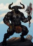  2020 abs anthro axe balls_outline black_body blood bodily_fluids bovid bovine bulge clothed clothing cloven_hooves european_mythology full-length_portrait genital_outline greek_mythology hooves horn horn_ring jewelry jockstrap looking_at_viewer lorkalt male mammal melee_weapon minotaur muscular muscular_anthro muscular_arms muscular_legs muscular_male mythology necklace nipple_barbell outside pecs penis_outline portrait solo standing underwear underwear_only weapon 
